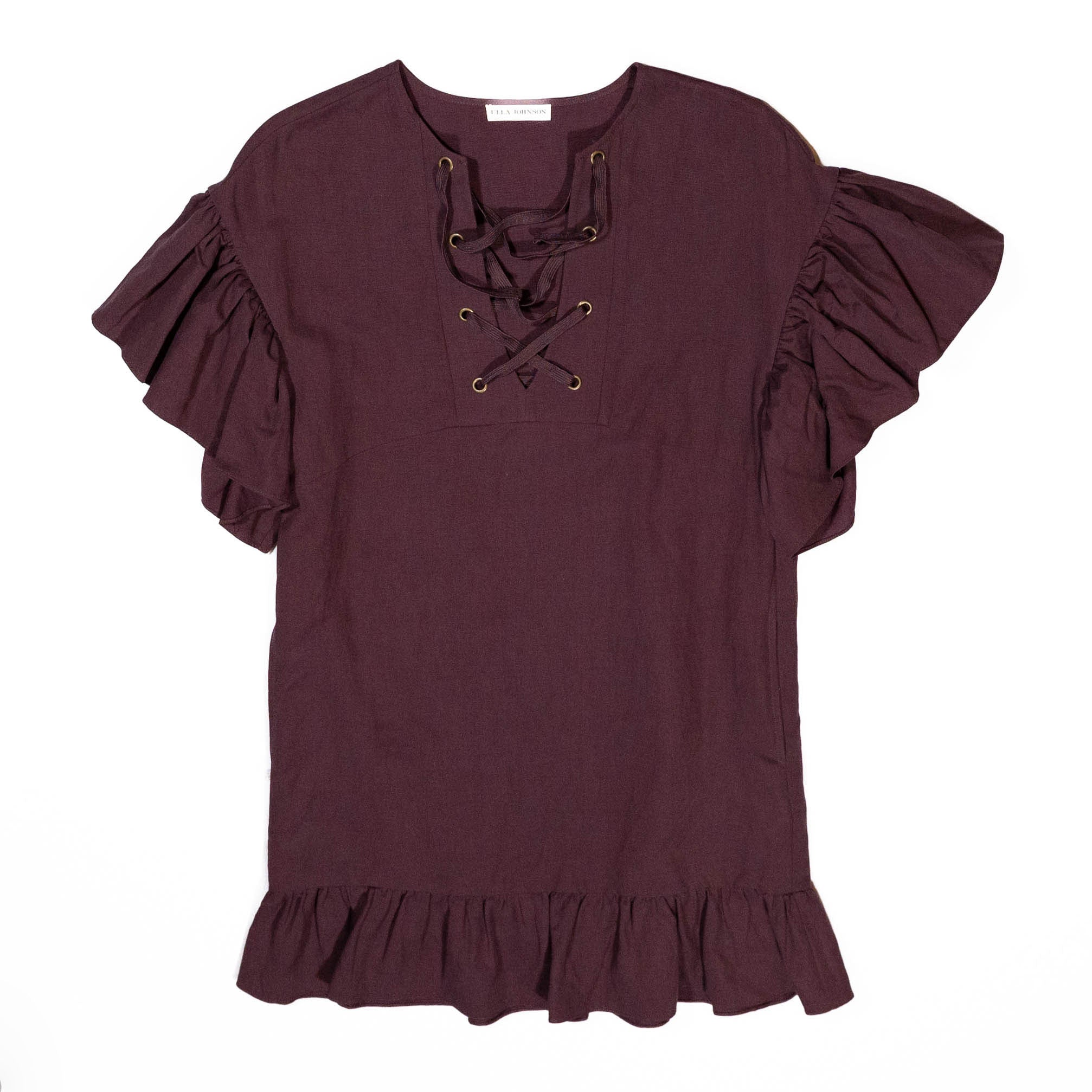 Ulla Johnson Marianne Lace Up Linen Cotton Ruffle Hem Pullover Mini Dress Mauve