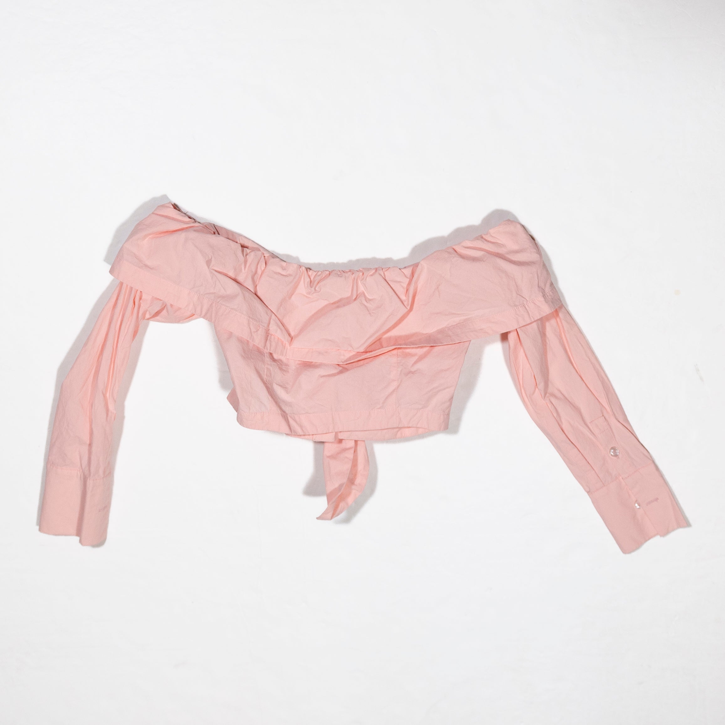 L'Academie Cotton Poplin Off Shoulder Button Front Twist Tie Knit Crop Blouse