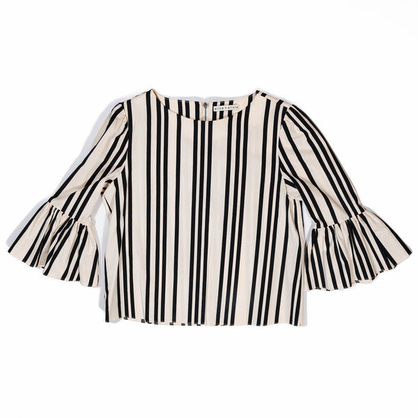 Alice + Olivia Bernice Cotton Striped Ruffle Half Sleeve Top Blouse Black White