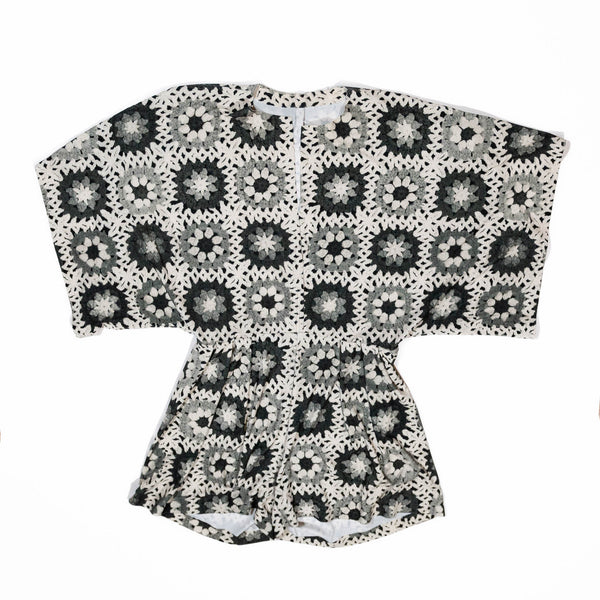 Norma Kamali Gray Crochet Knit Print Pattern Rectangle Mini Romper Playsuit S