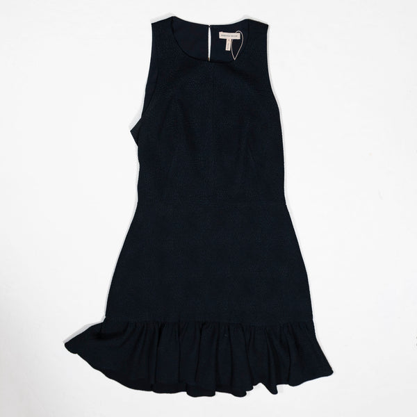 Rebecca Taylor Stretch Textured Sleeveless Open Back Ruffle Mini Dress Navy Blue