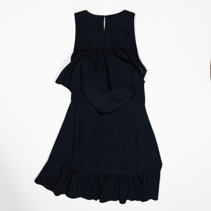 Rebecca Taylor Stretch Textured Sleeveless Open Back Ruffle Mini Dress Navy Blue