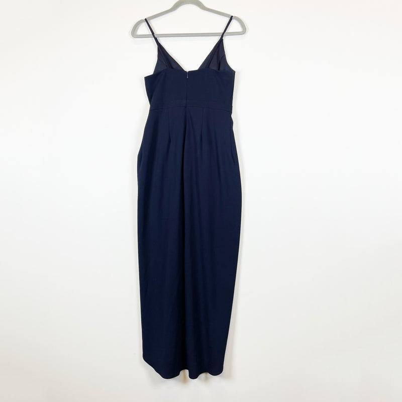 BHLDN Anthropologie Caron Crepe Tulip Skirt Draped V Neck Midi Dress Navy Blue 4