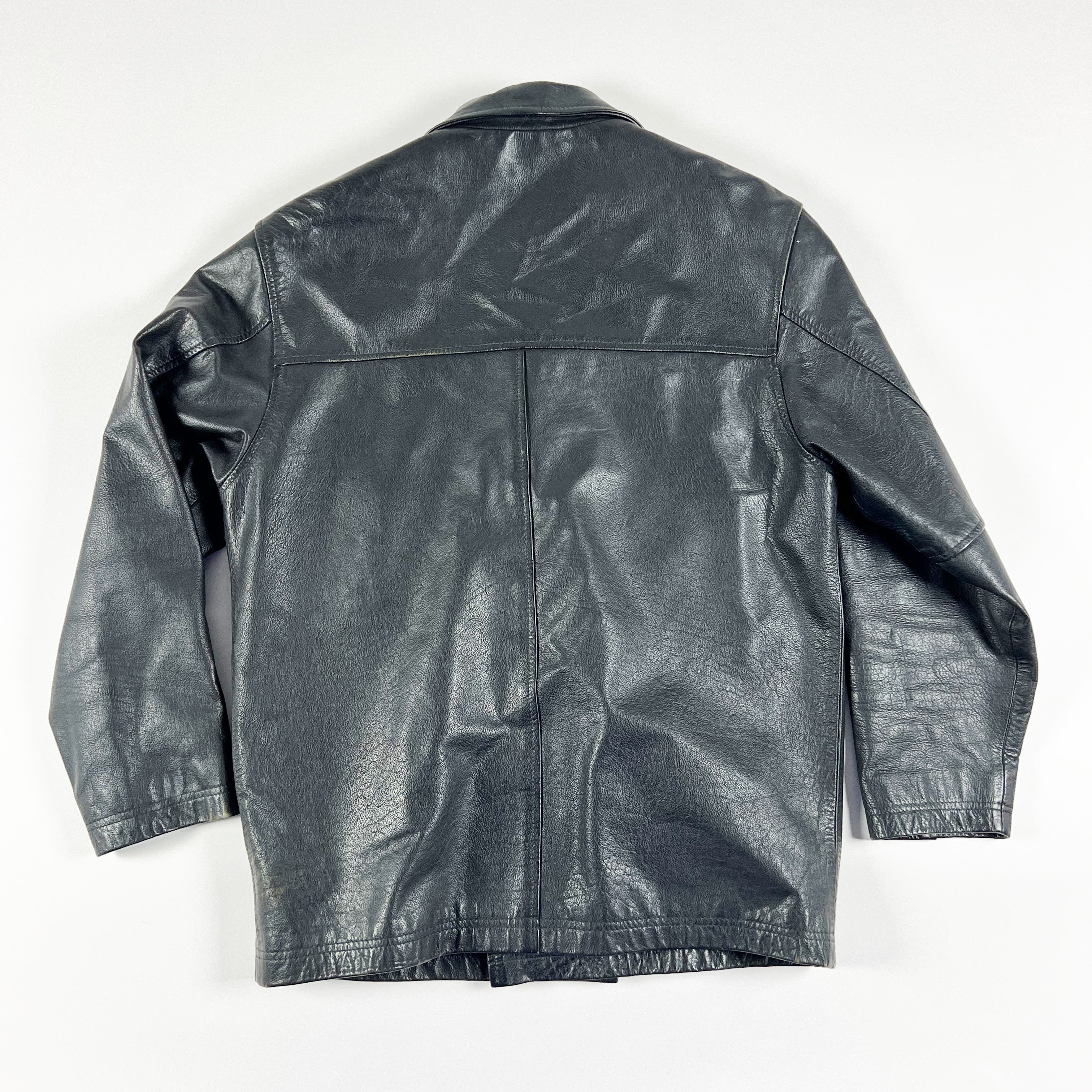 Blue Steel Genuine Leather Double Breasted Collared Jacket Coat Solid Black LG