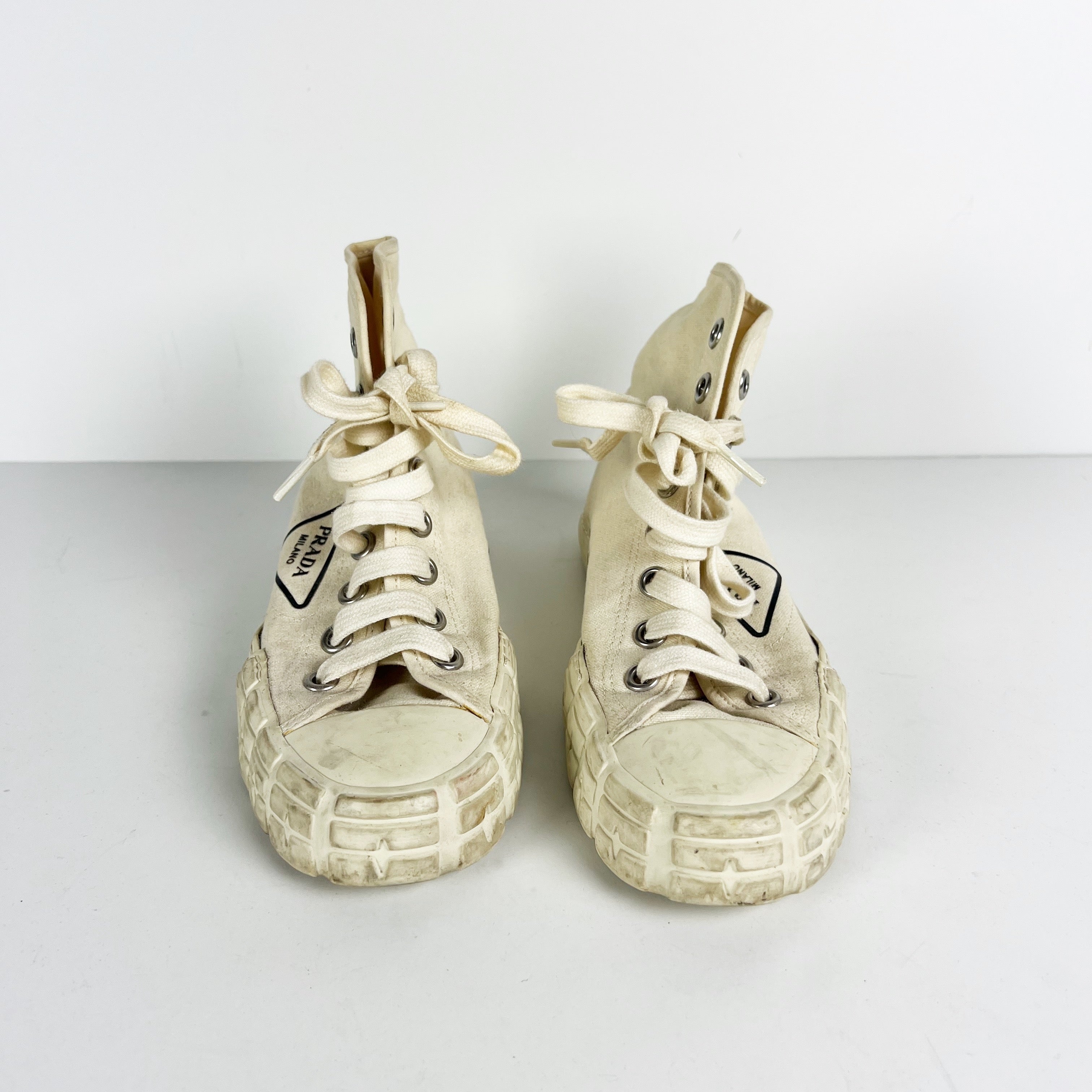 Prada Women's Cotton Canvas High Top Lace Up Flat Casual Sneakers Shoes Ivory