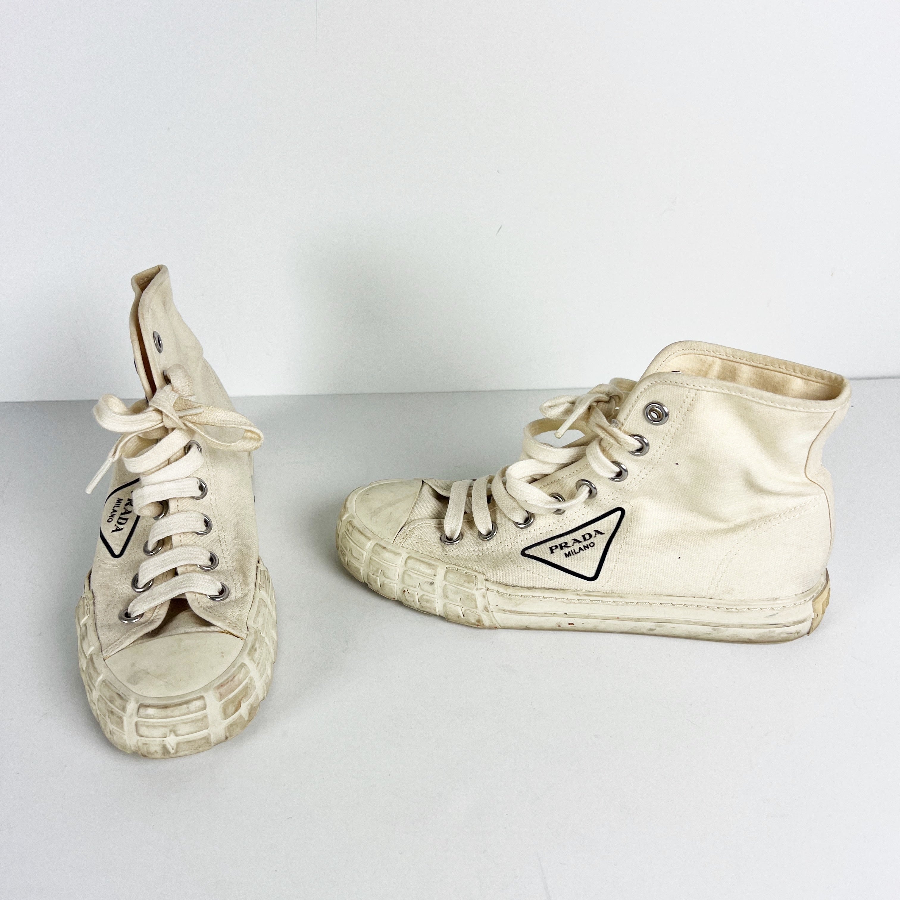 Prada Women's Cotton Canvas High Top Lace Up Flat Casual Sneakers Shoes Ivory