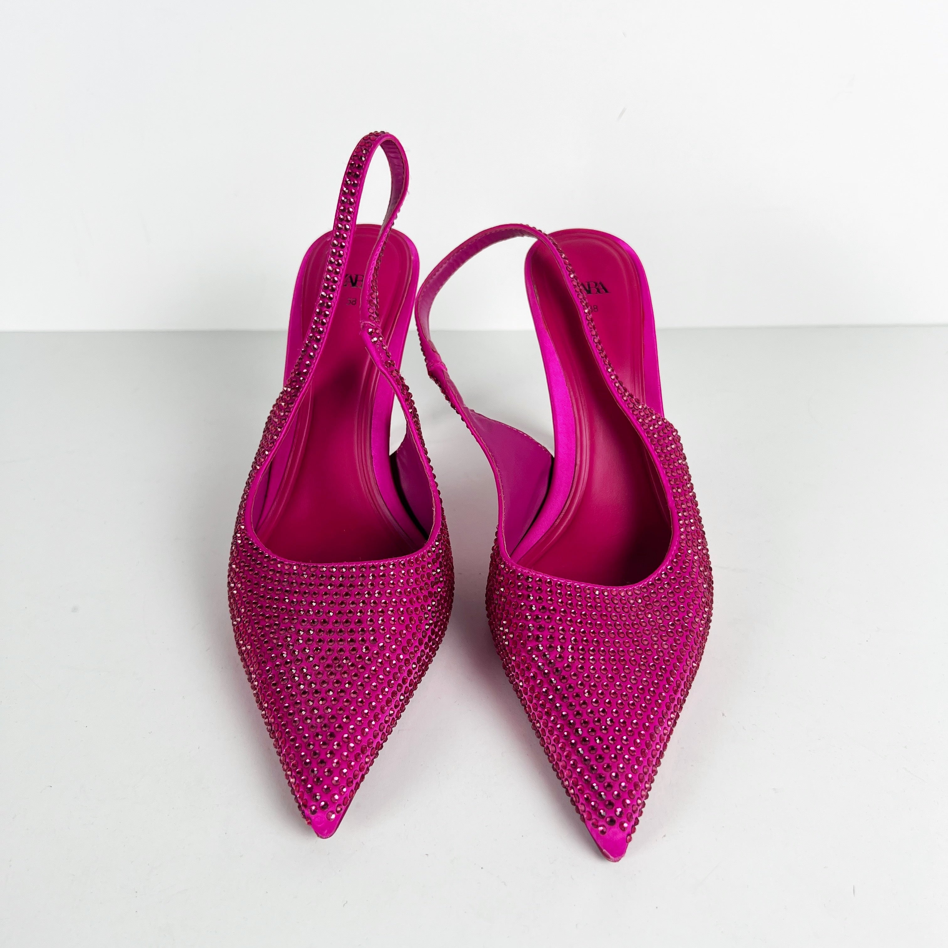 Zara Crystal Rhinestone Jewel Pointed Toe Slingback High Heel Shoes Pink 8