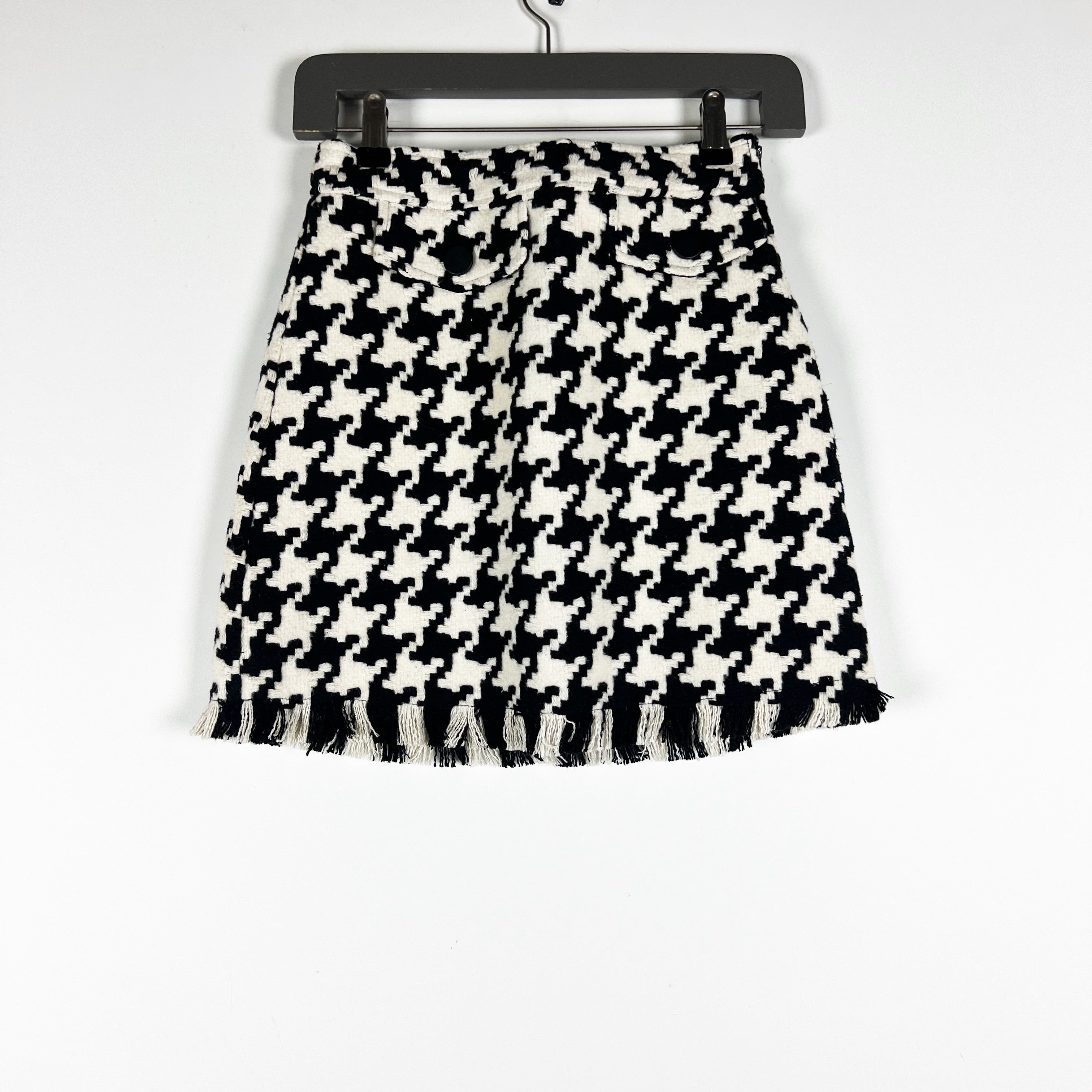 Grey Lab Black White Woven Knit Houndstooth Fringe Hem Mini Skirt XS