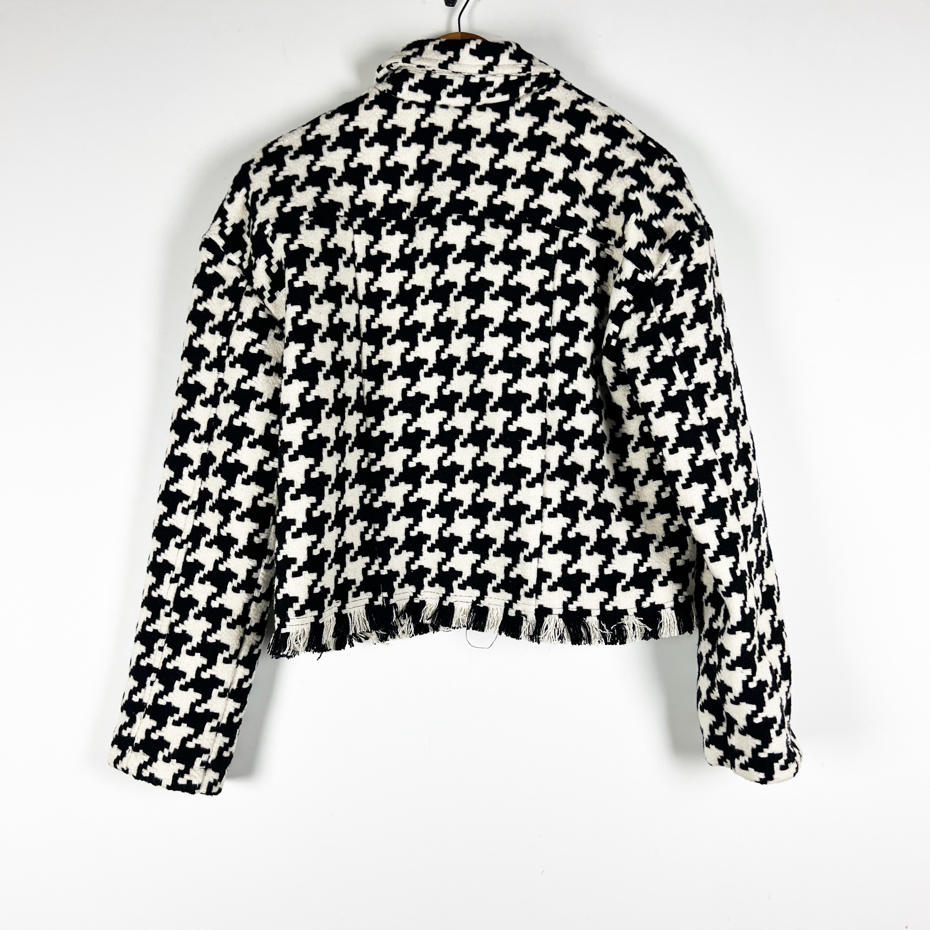 Grey Lab Black White Woven Knit Houndstooth Fringe Hem Button Front Jacket Small
