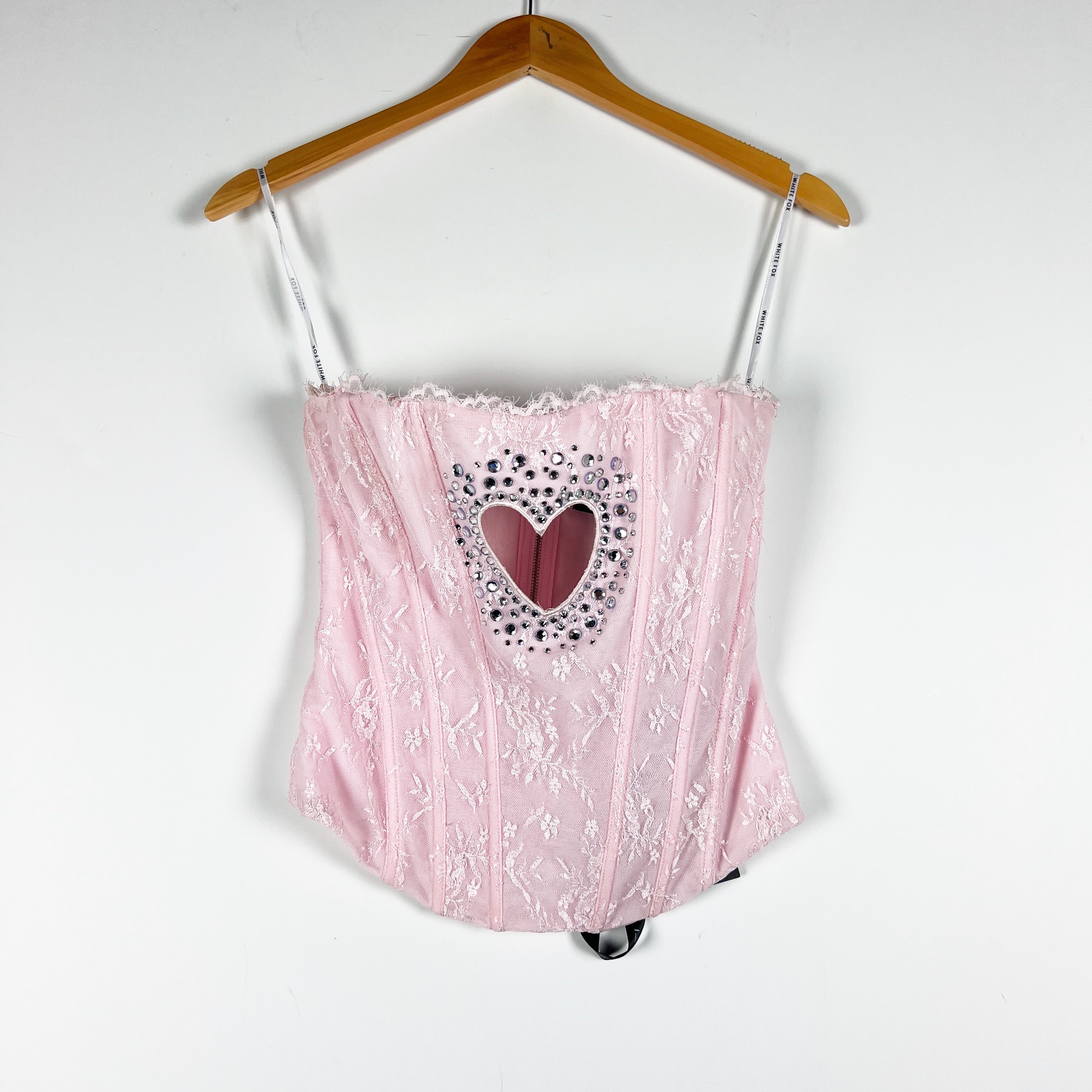 NEW White Fox The Old Days Strapless Bustier Lace Crystal Jewel Heart Baby Pink