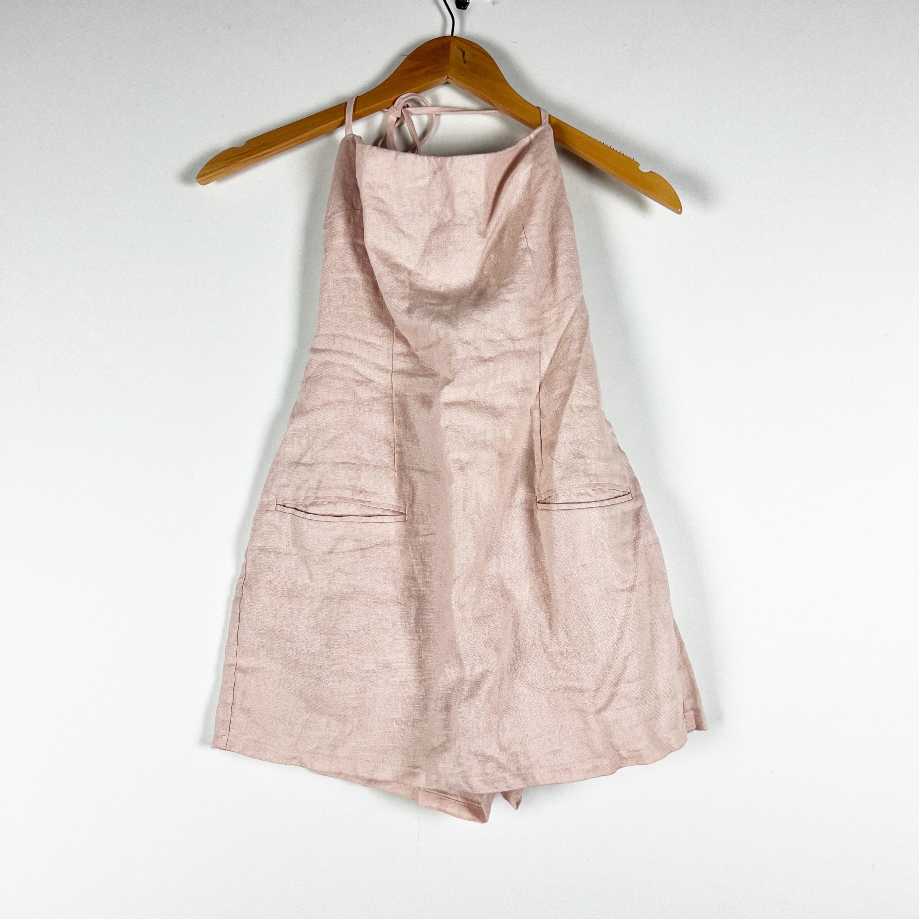 Lovers And Friends Linen Woven Pocket Front Halter Neck Mini Romper Dress Pink