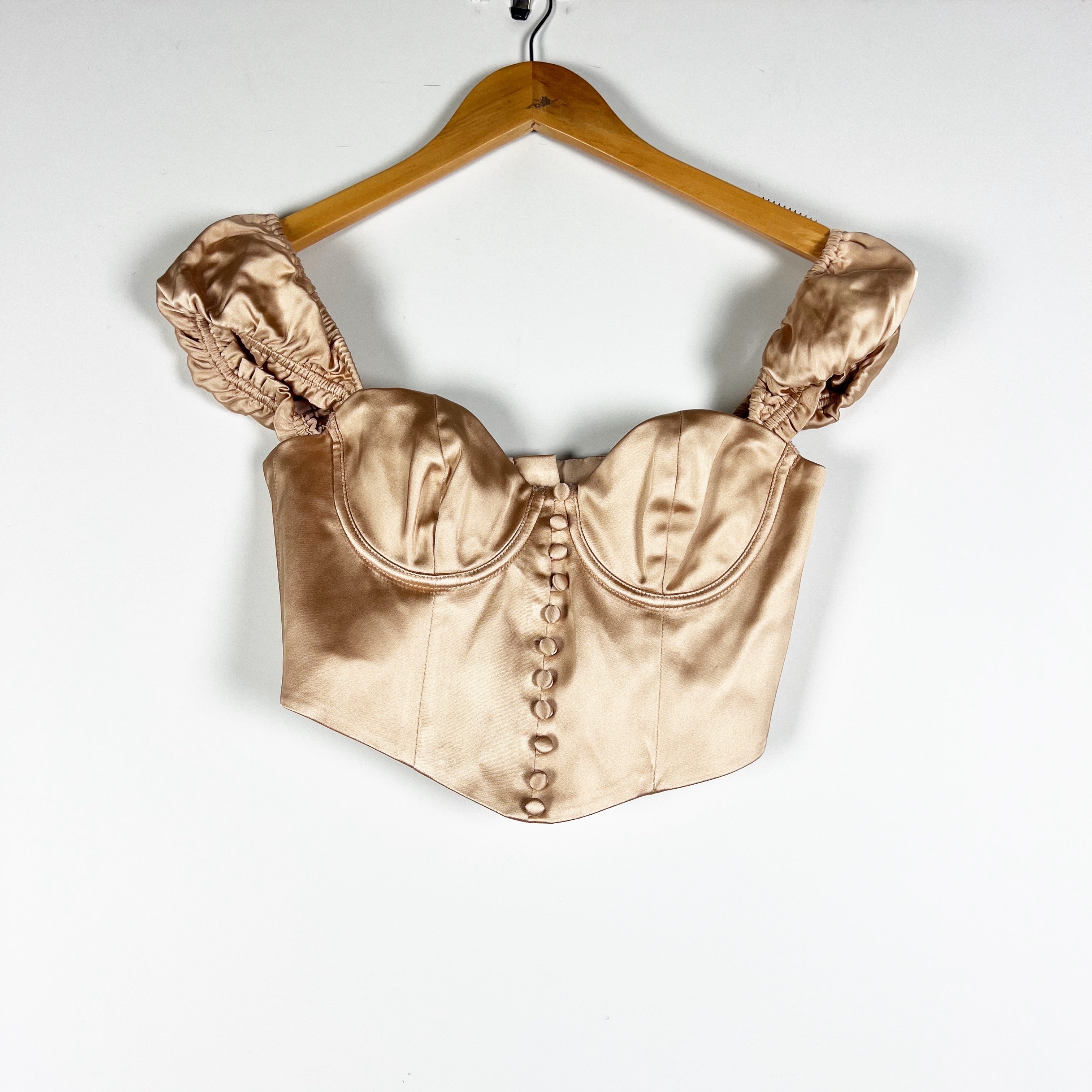 H:Ours Cannon Puff Short Sleeve Button Up Bustier Crop Tank Top Nude Satin XS