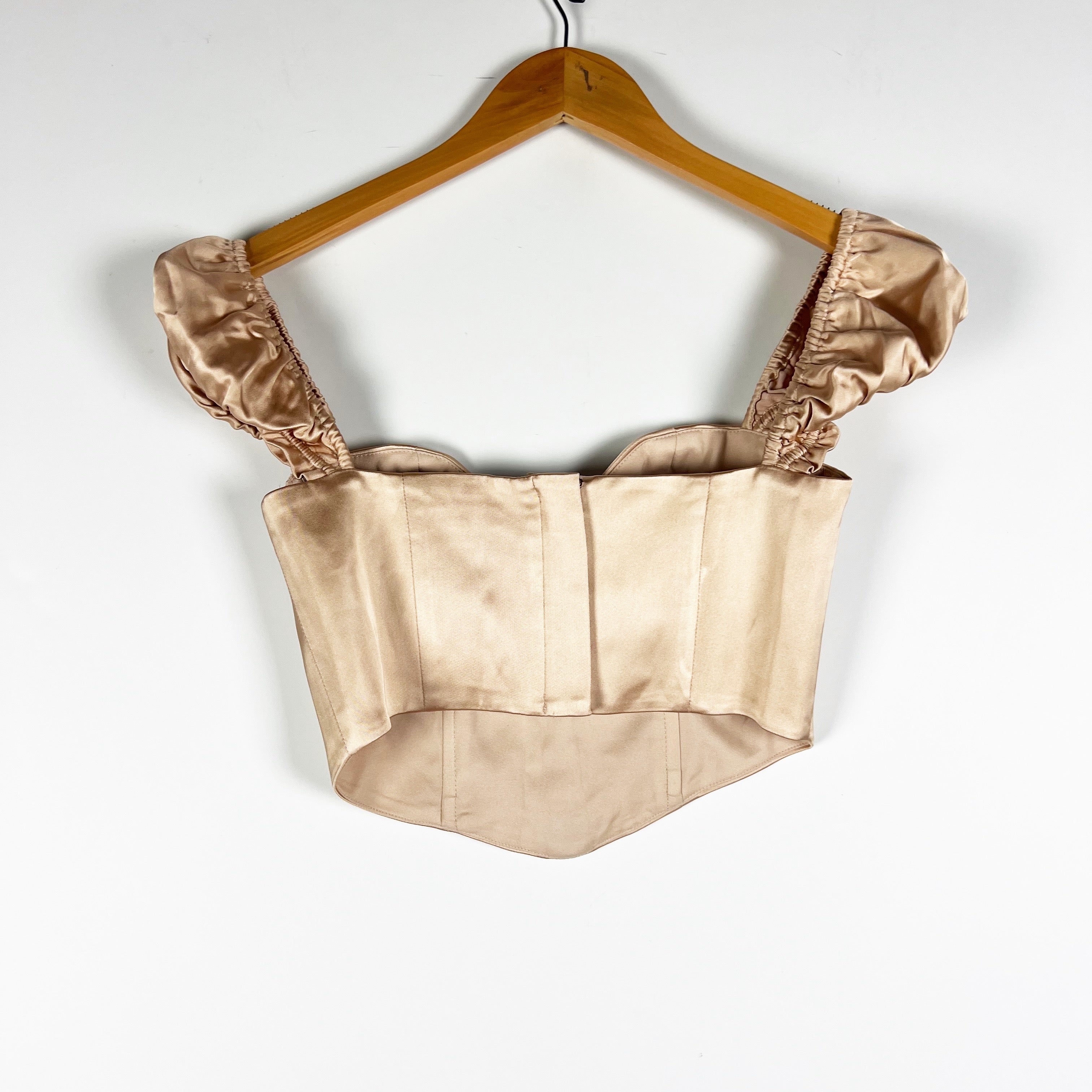 H:Ours Cannon Puff Short Sleeve Button Up Bustier Crop Tank Top Nude Satin XS