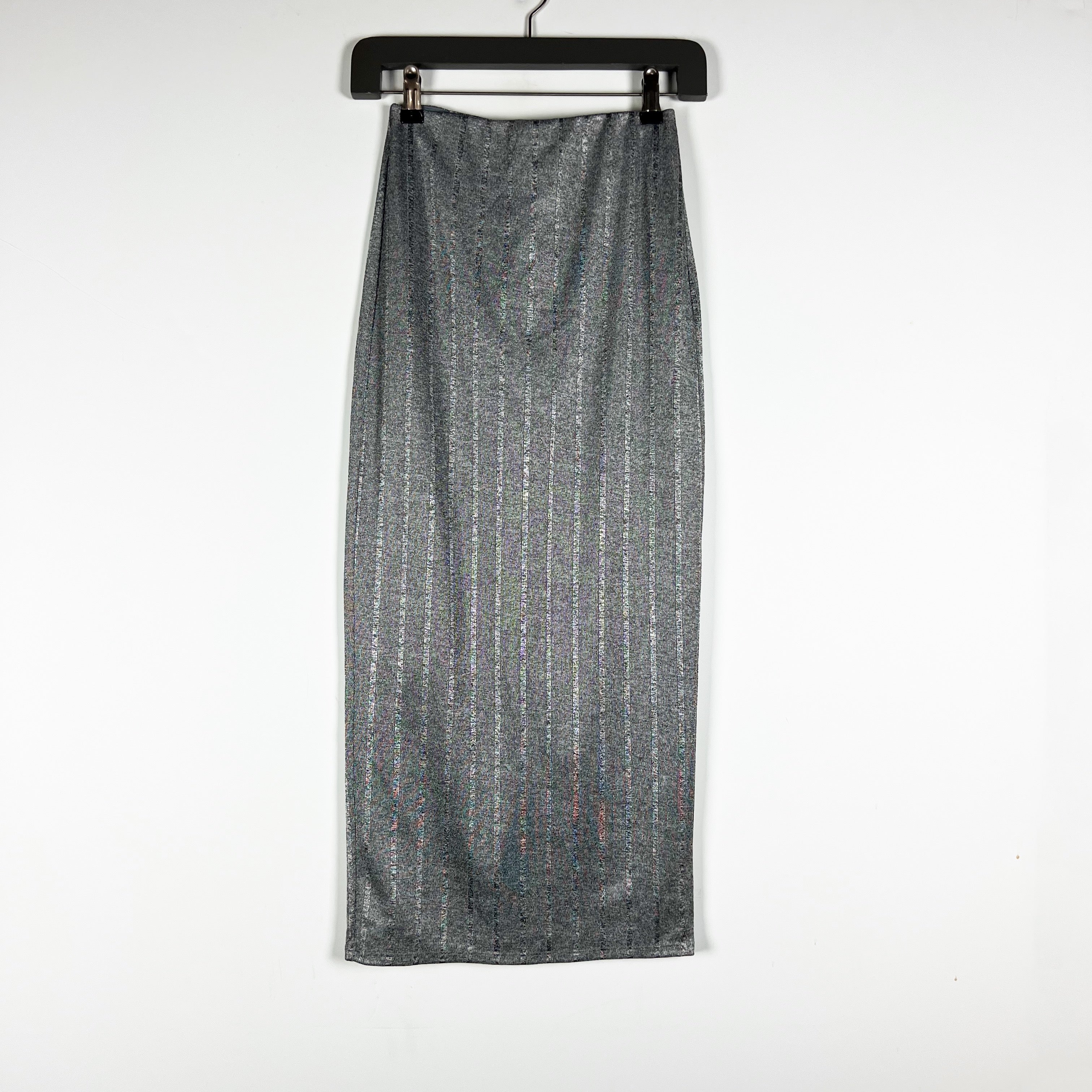 NBD Lida Heathered Gray Silver Stripe Print Pull On Straight Midi Skirt XS
