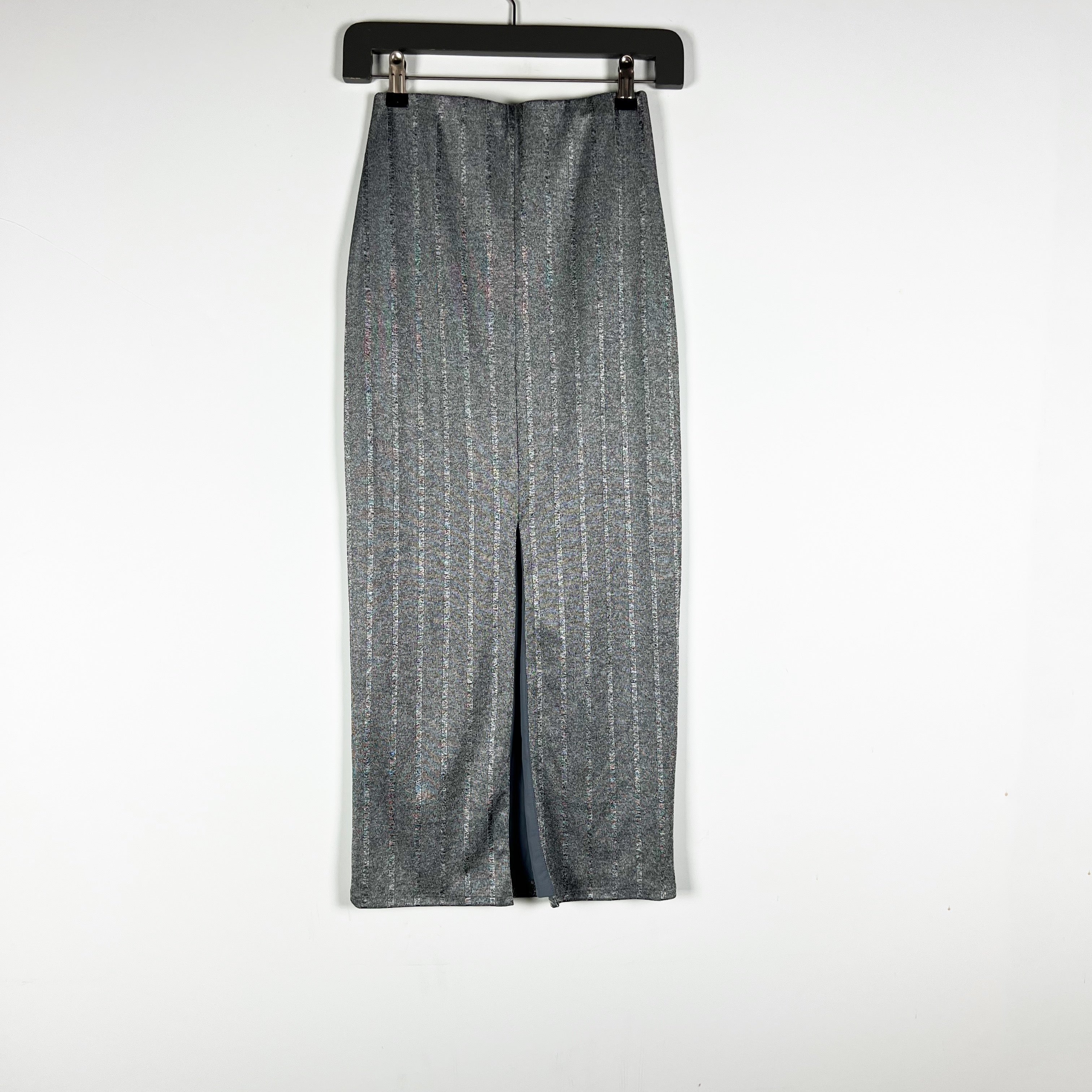 NBD Lida Heathered Gray Silver Stripe Print Pull On Straight Midi Skirt XS