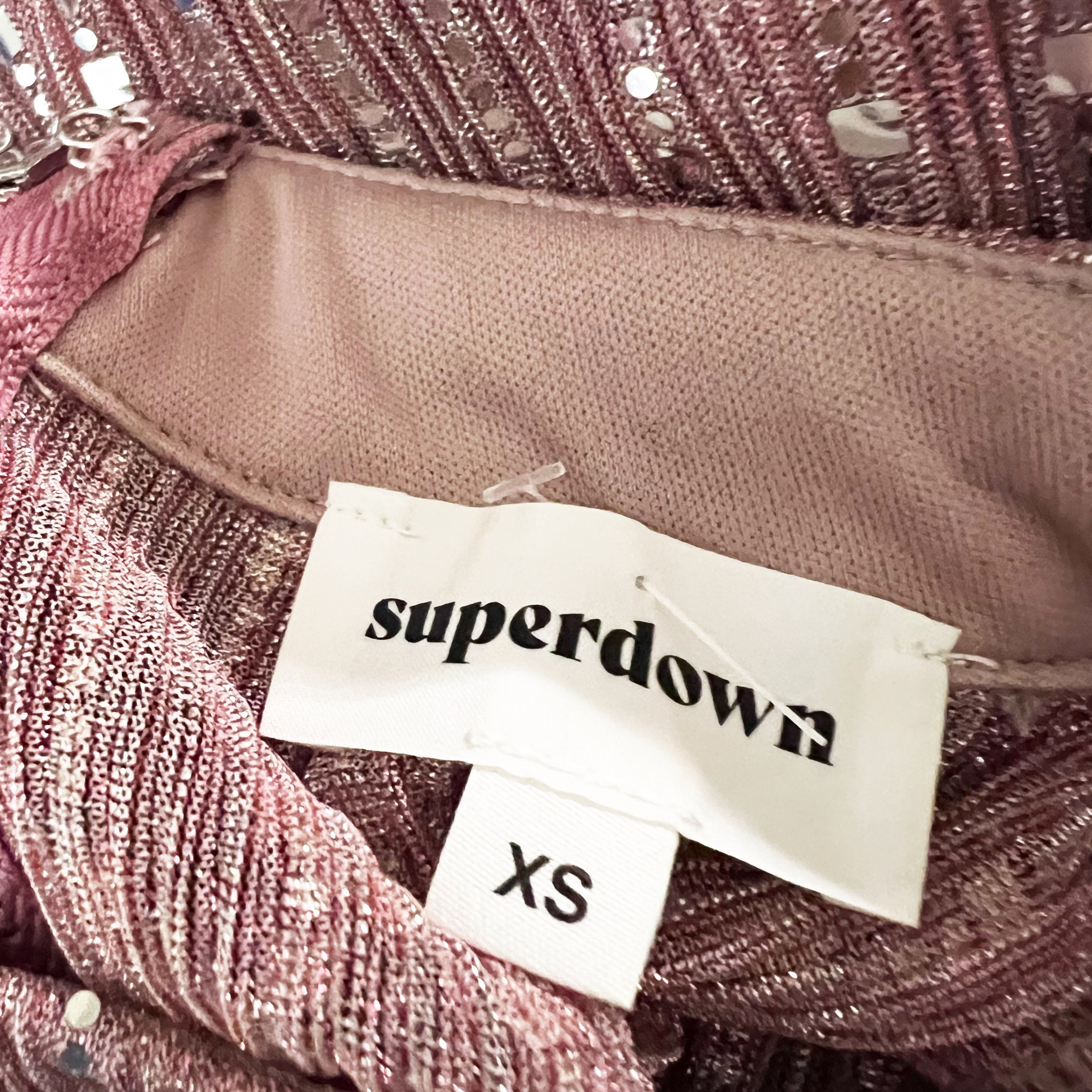 Superdown Sia Sparkle Glitter Embellished Mock Neck Long Sleeve Crop Top Pink XS