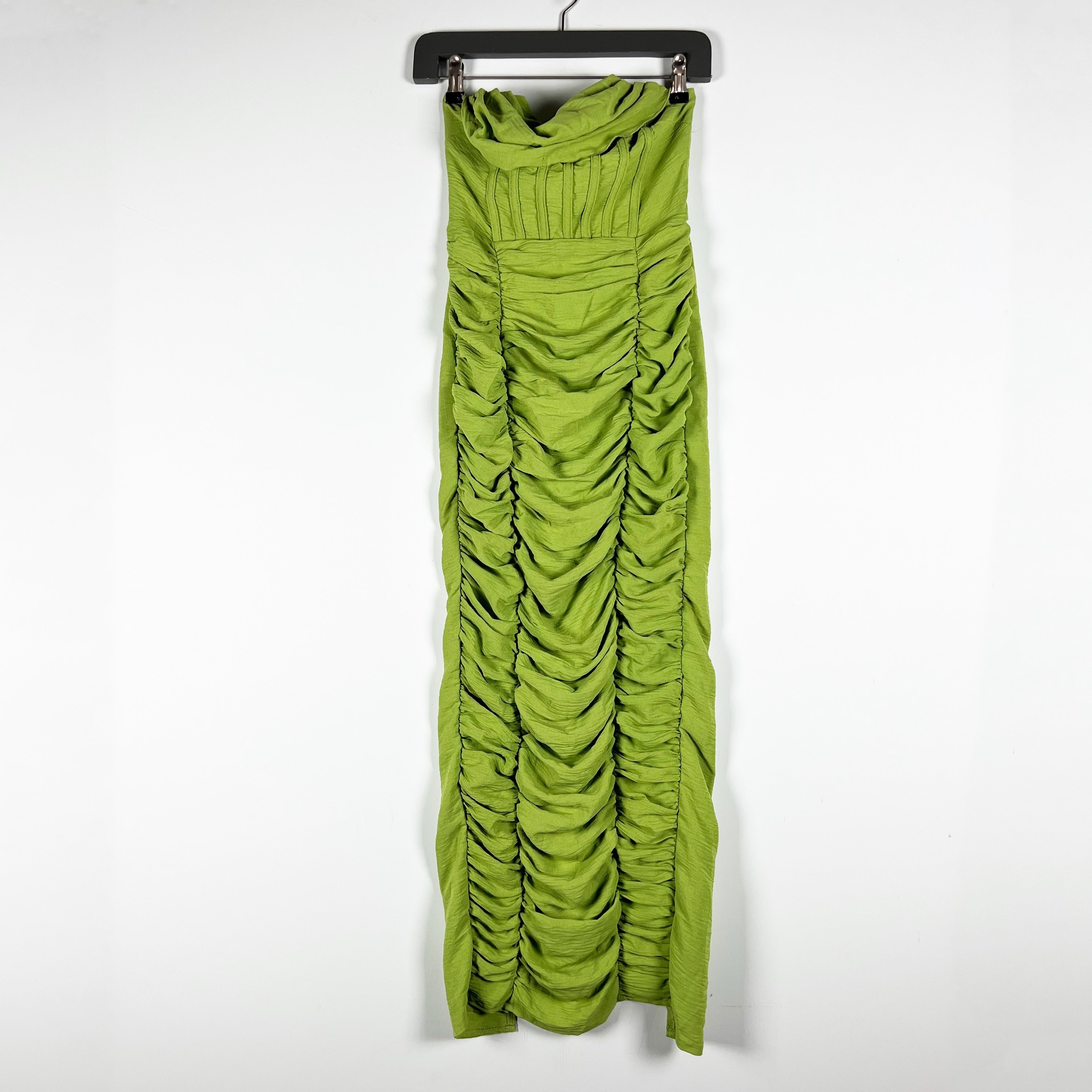 Pretty Little Thing Strapless Corset Lined Ruched Draped Maxi Dress Green 0