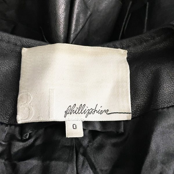 3.1 Phillip Lim Leather Double Breasted Full Zip Ruffle Moto Jacket Black 0