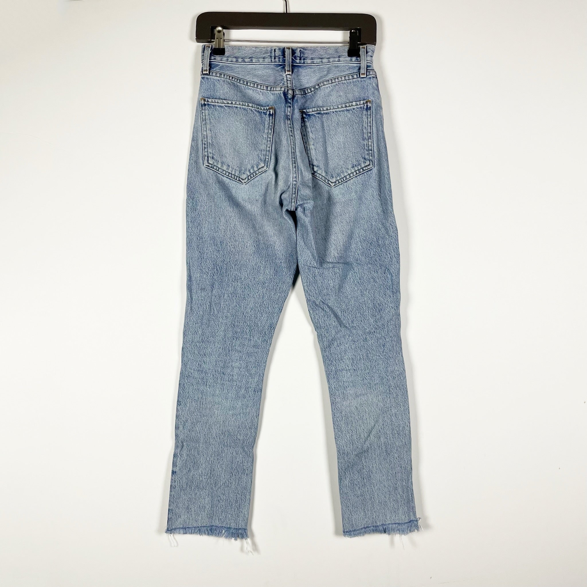 Agolde Mid Rise Cotton Straight Leg Fray Raw Edge Hem Denim Jeans Blue 24