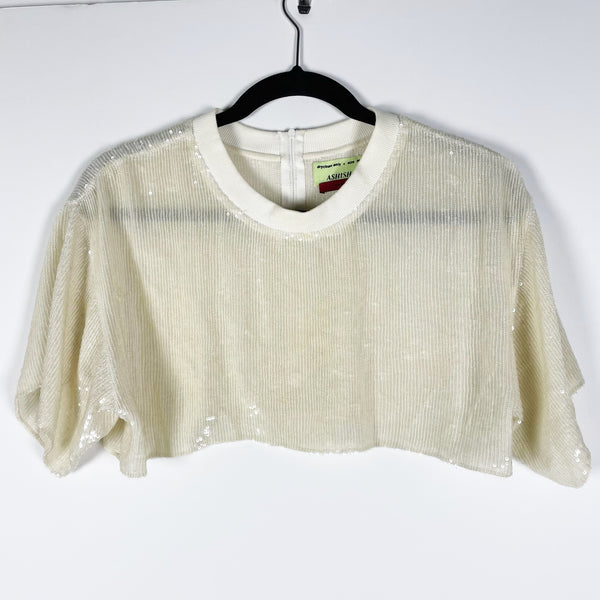 Ashish White Sequin Glitter Sparkle Embellished Crew Neck Short Sleeve Crop Top