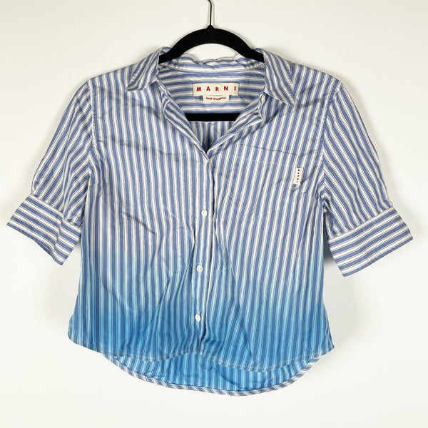 Marni Cotton Poplin Blue White Stripe Print Ombre Button Down Collared Blouse 4