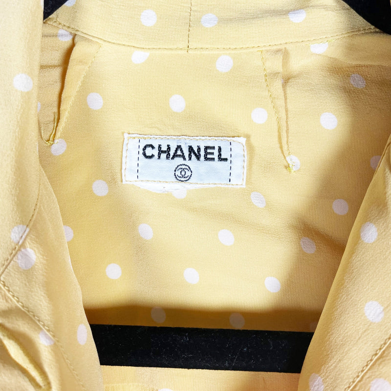 Chanel Vintage Silk Chiffon Yellow White Polka Dot Print Pattern Blouse Shirt XS