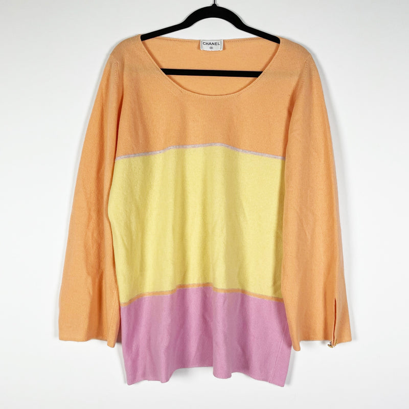 Chanel 100% Cashmere Knit Stretch Orange Yellow Purple Colorblock Stripe Sweater