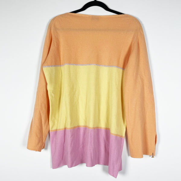 Chanel 100% Cashmere Knit Stretch Orange Yellow Purple Colorblock Stripe Sweater