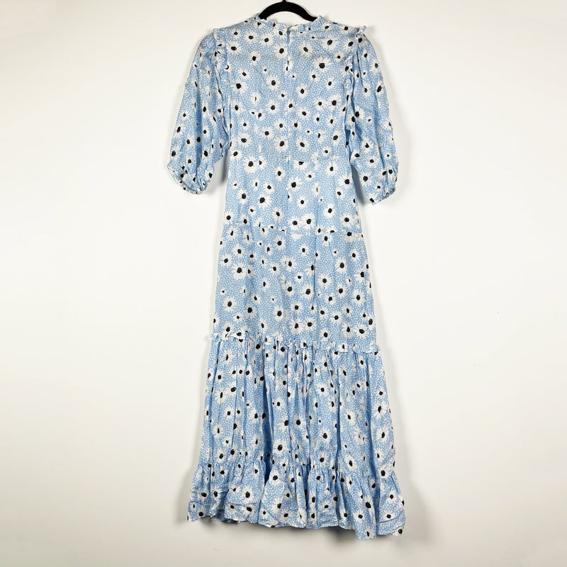 Rixo London Monet Blue White Black Daisy Floral Flower Print Pattern Midi Dress