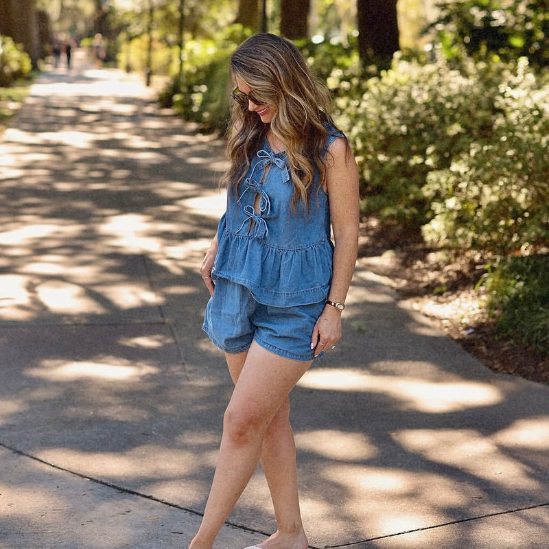 Petal And Pup Graciana Denim Jean Sleeveless Tie Front Ruffle Blouse Shirt Top M