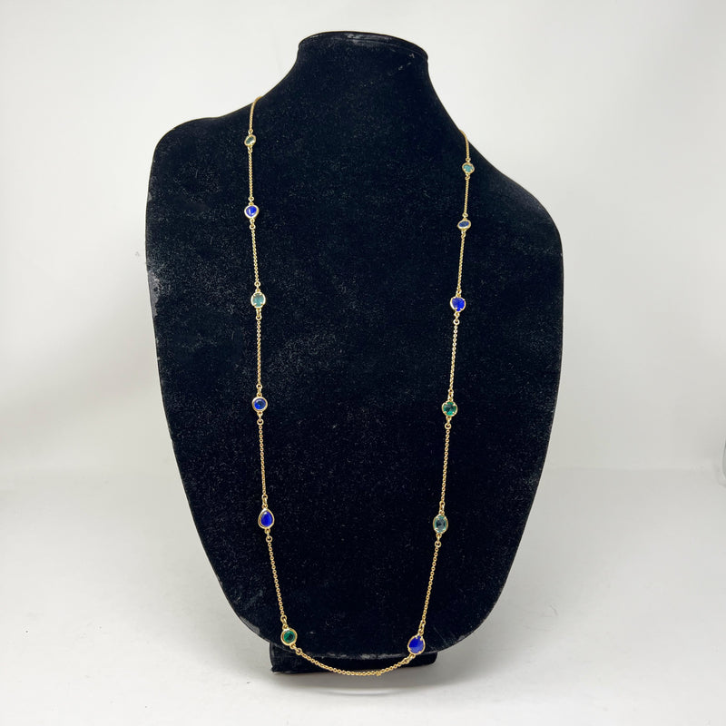 Kate Spade Faux Gold Blue Stone Station Chain Link Long Draped Necklace