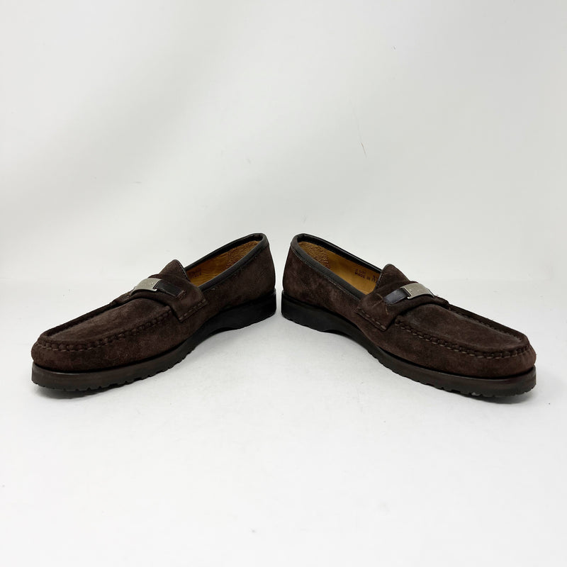 Coach Genuine Suede Leather Logo Buckle Flat Loafer Slip On Shoes Brown Tan 9.5