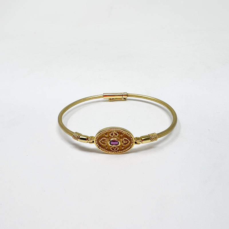 Boutique 14k Yellow Gold Plated Purple Stone Byzantine Design Bangle Bracelet