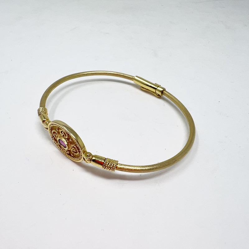 Boutique 14k Yellow Gold Plated Purple Stone Byzantine Design Bangle Bracelet