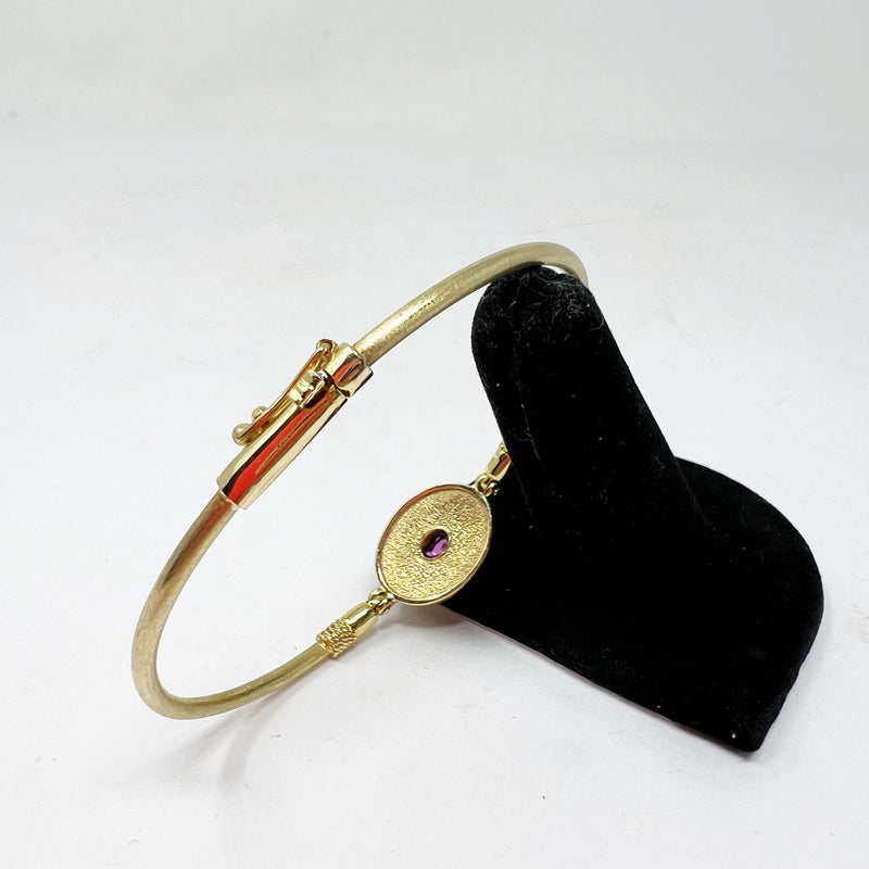 Boutique 14k Yellow Gold Plated Purple Stone Byzantine Design Bangle Bracelet