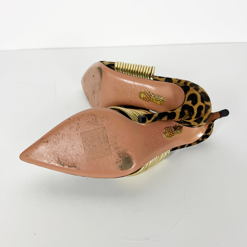 Aquazzura Rendez Vous Genuine Leather Gold Strap Suede Cheetah Leopard Heels 5