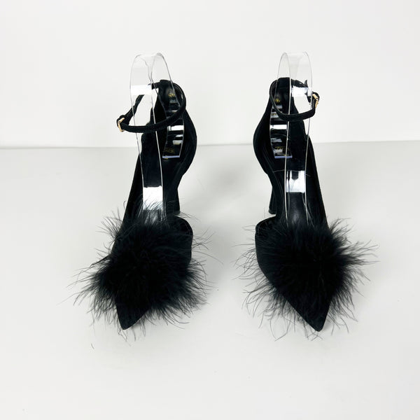 NEW Zara Microfiber Feather Puff Pointed Tie Ankle Strap High Heels Shoes Black