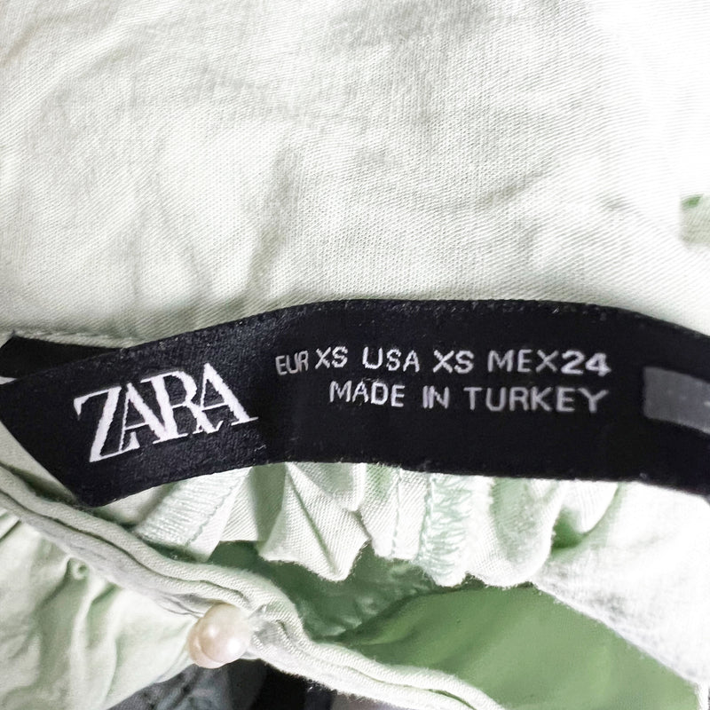 Zara Cotton Poplin Pearl Beaded Embellished High Neck Puff Sleeve Blouse Shirt