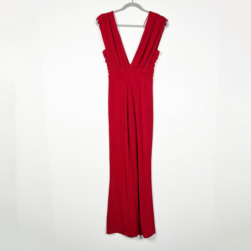 Misha Collection Stretch Knit Ruched Pleated Deep V Neck Sleeveless Jumpsuit Red