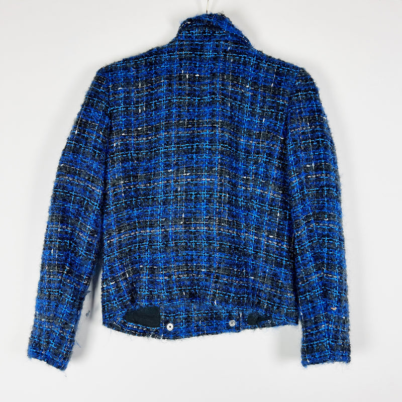 IRO Skye Mohair Wool Cotton Tweed boucle Knit Moto Blazer Jacket Blue Black 8