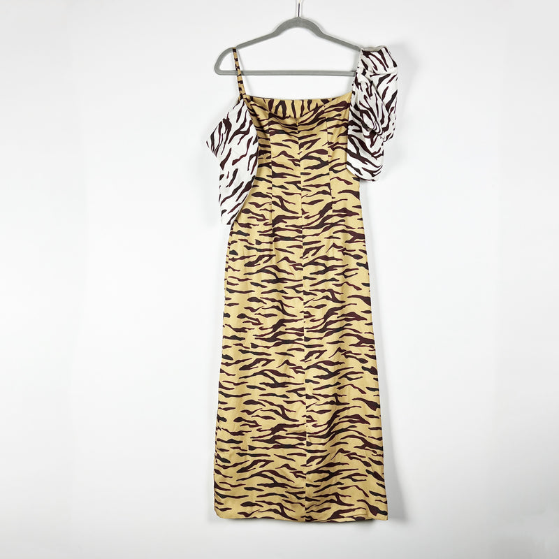 NEW Rejina Pyo Amelia Off The Shoulder Tiger Animal Print Satin Midi Slip Dress