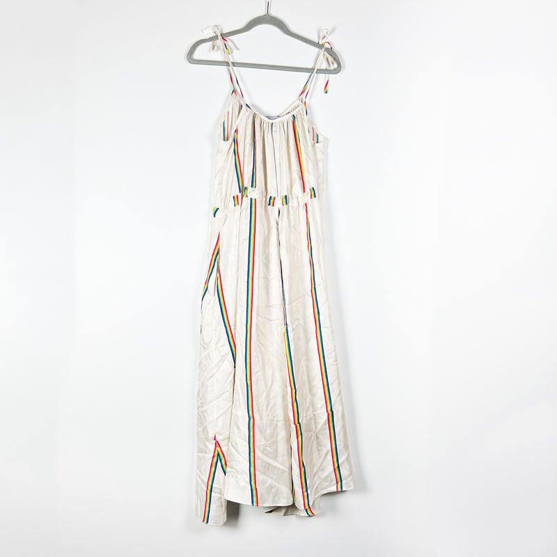 Paper London Natalia Silk Satin Rainbow Stripe Multicolor Print Tropical Dress
