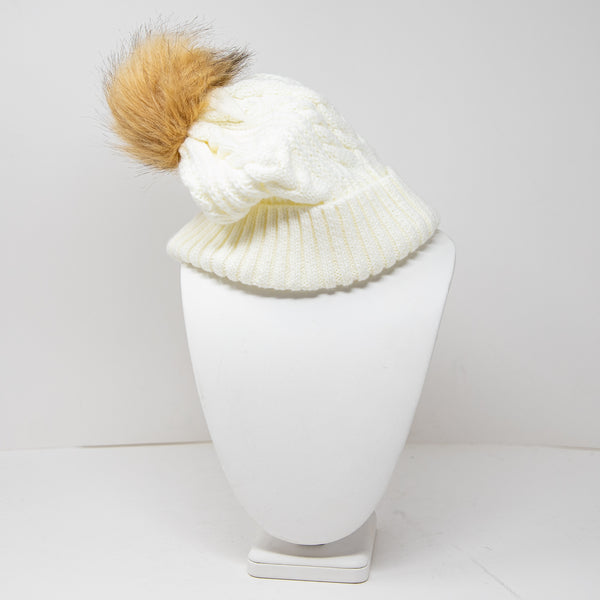 J. Crew Cable Knit Stretch Faux Vegan Pom Pom Beanie Hat Ivory One Size