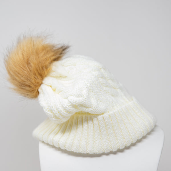 J. Crew Cable Knit Stretch Faux Vegan Pom Pom Beanie Hat Ivory One Size