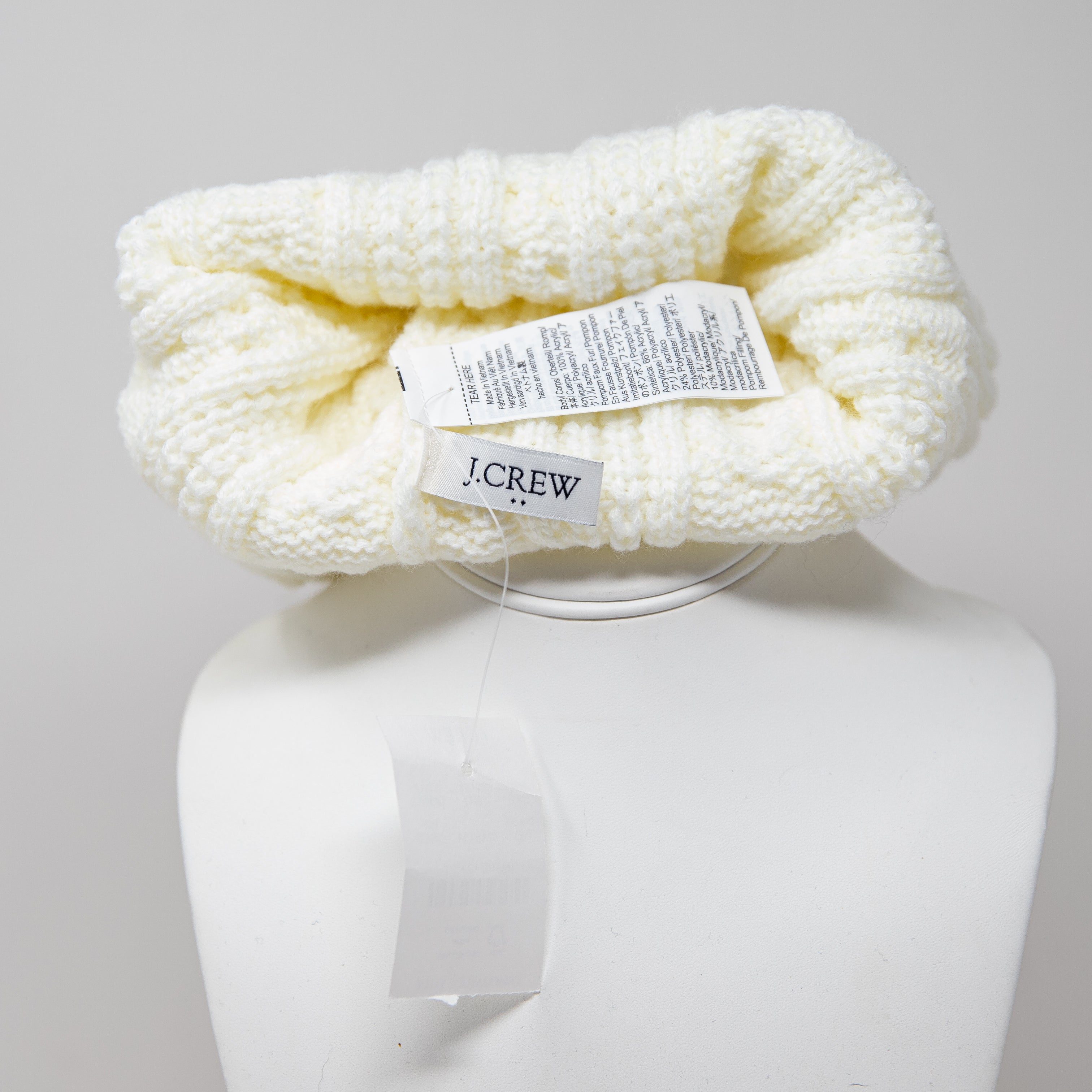 J. Crew Cable Knit Stretch Faux Vegan Pom Pom Beanie Hat Ivory One Size