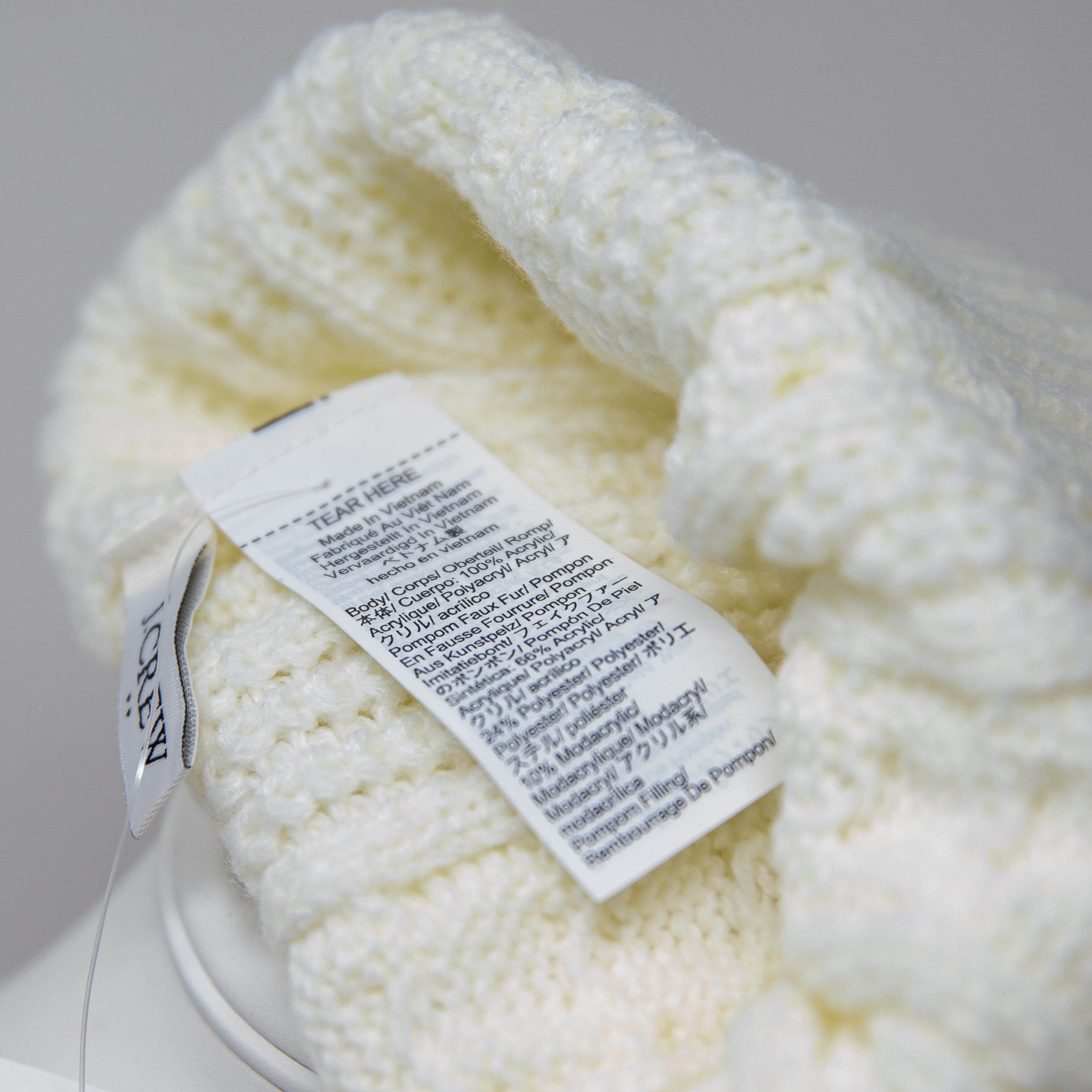J. Crew Cable Knit Stretch Faux Vegan Pom Pom Beanie Hat Ivory One Size