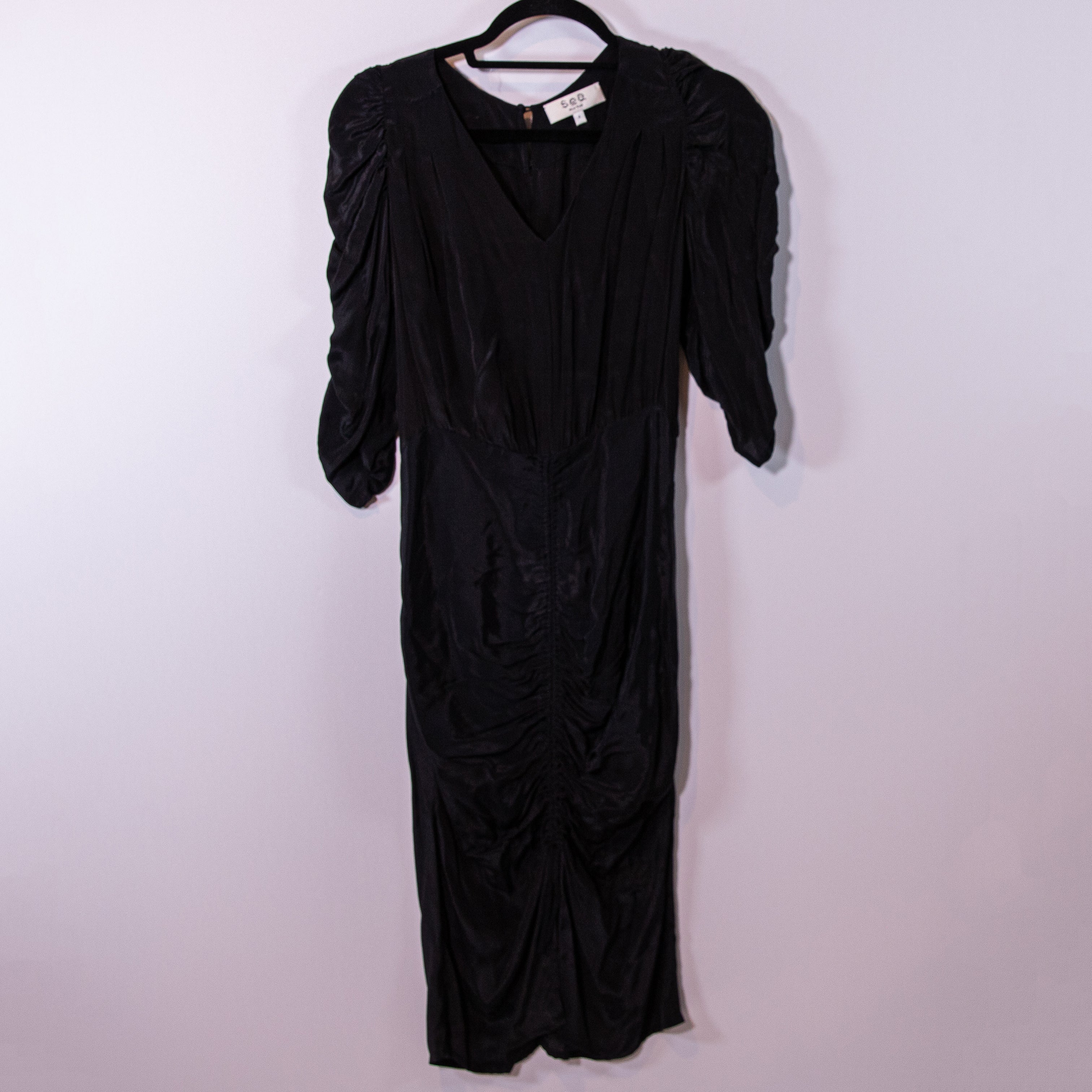 SEA New York Silk Chiffon Ruched Half Sleeve V Neck Pullover Midi Dress Black 4