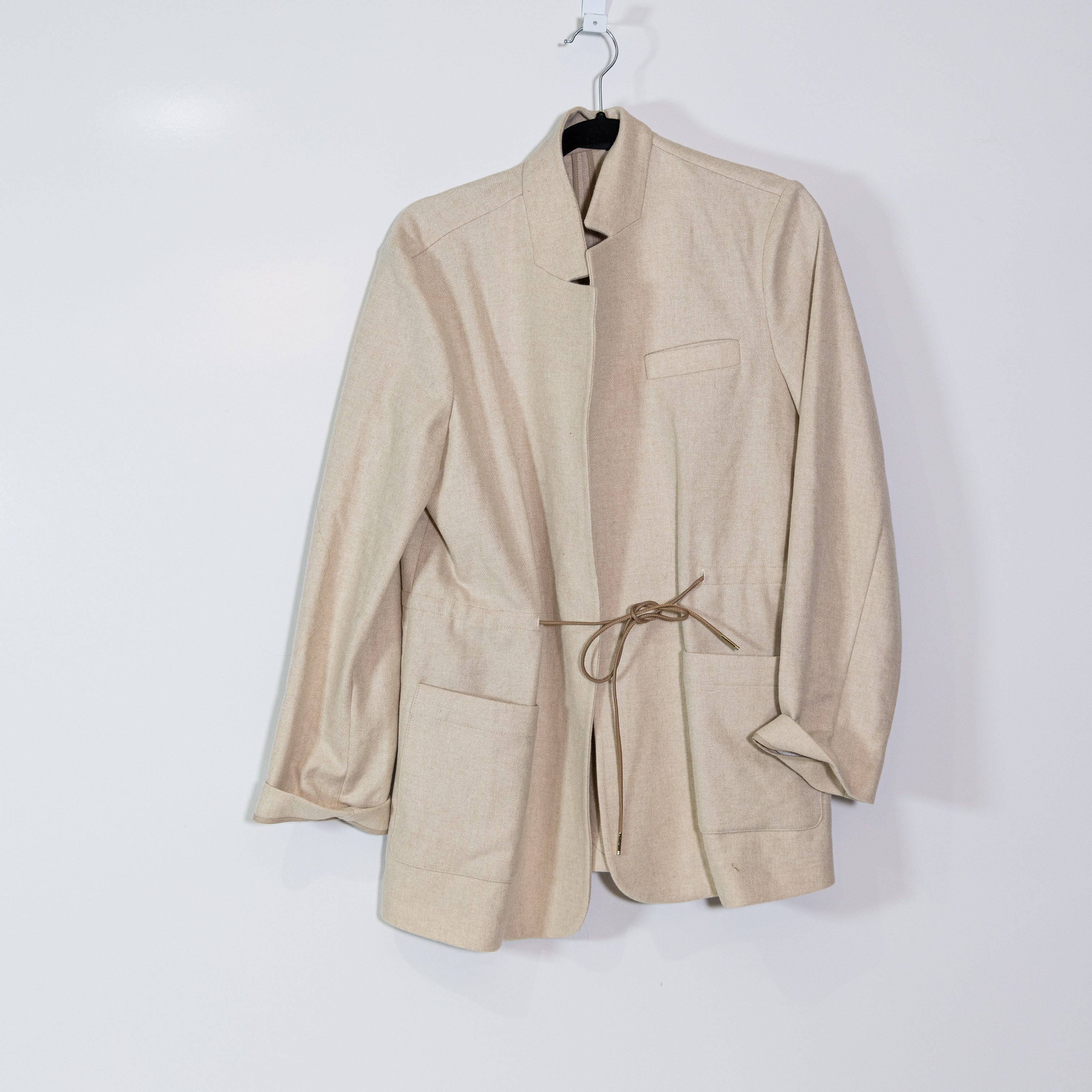 Jenni Kayne Scout Wool Felt Woven Stand Collar Cinch Waist Cardigan Jacket Tan