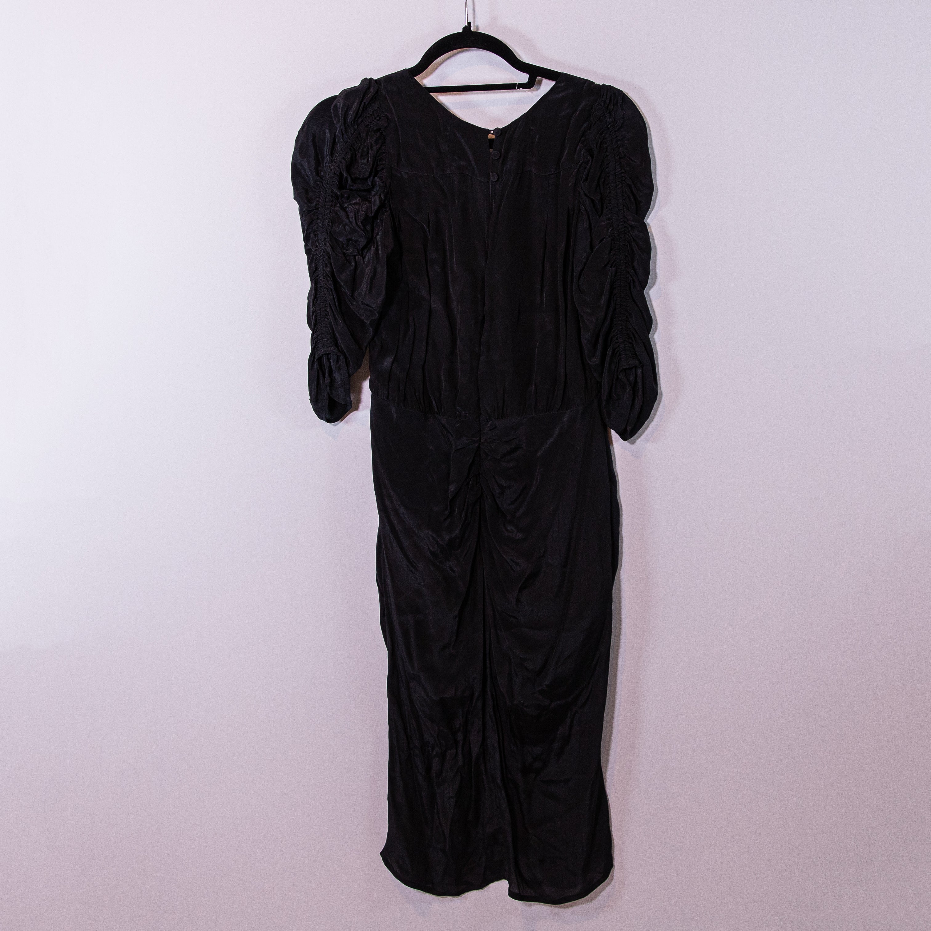 SEA New York Silk Chiffon Ruched Half Sleeve V Neck Pullover Midi Dress Black 4