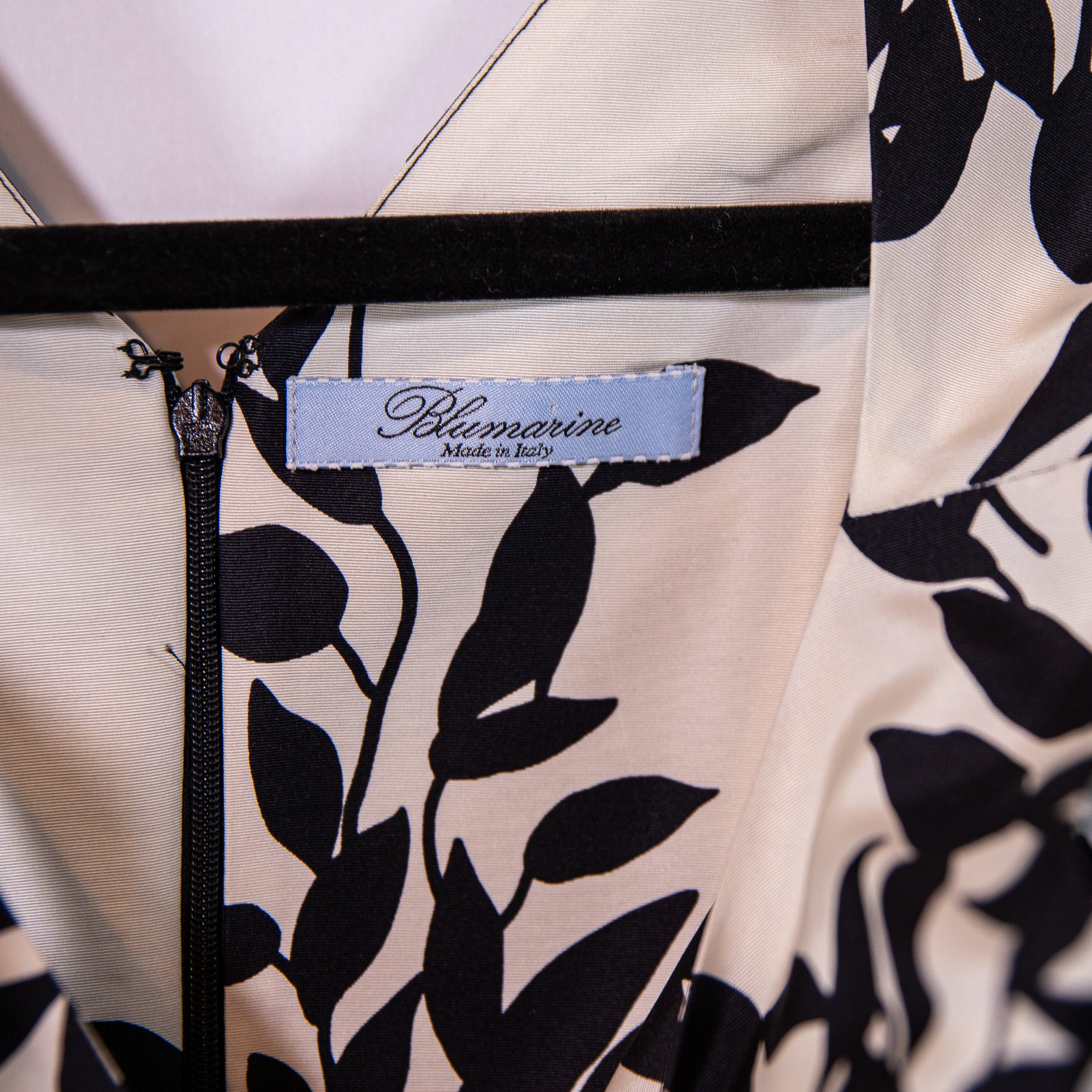 Blumarine Scoop Neck Silk Chiffon Black White Nature Print Sleeveless Dress S